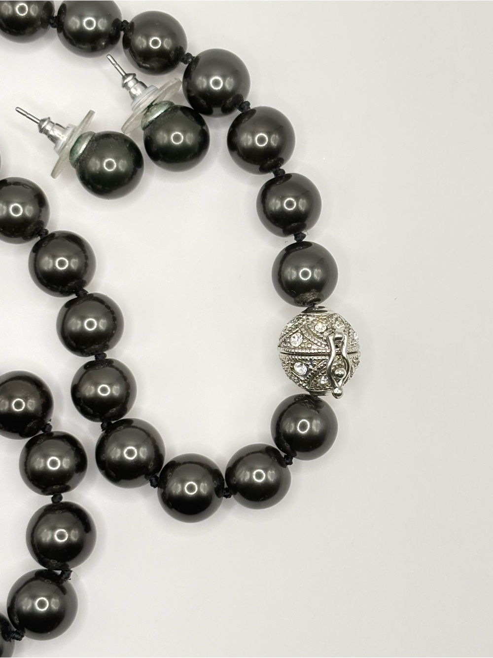Black Hematite Beaded Necklace with Matching Stud Earrings